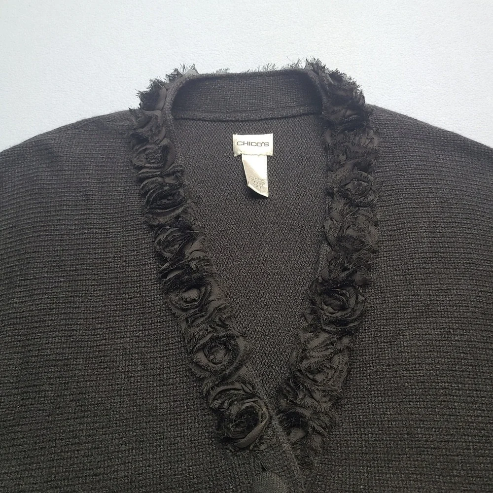 Chico's Cardigan Women Size 2 Black Excellent Rosette Trim Short Sleeve Knit